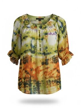 Anuschka Multicolor Tie-Dye Scoop Neck Blouse in Green and Orange